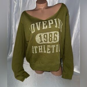 Victorias Secret Pink Pullover Sweatshirt Off Shoulder Lounge Top Logo Green NWT